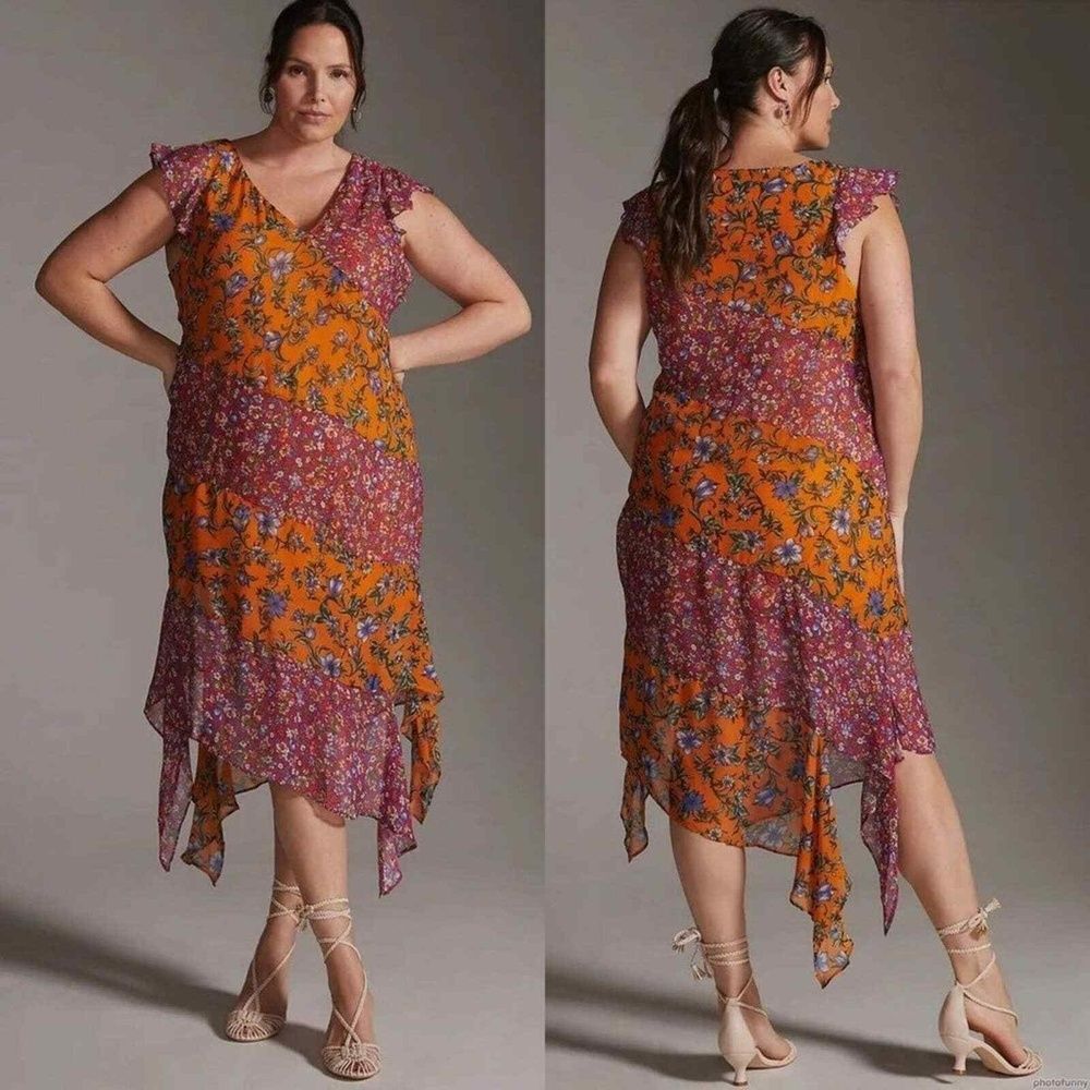 Anthropologie Maxi Dress 16W Flowy V-Neck Vacation Tropical Cruise Floral Purple